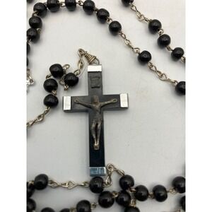 Vintage Rosary Silver Tone Chain Black Glass Beads‎ Religious